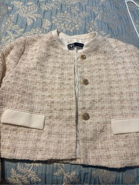 Zara Cream Tweed Collarless Blazer with Gold Buttons
